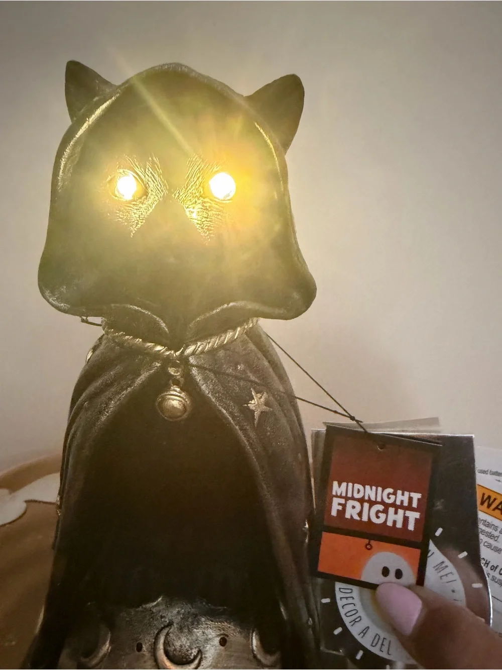 Midnight Fright Halloween Resin Gothic Light Up Black Cat on Gold Moon Skull